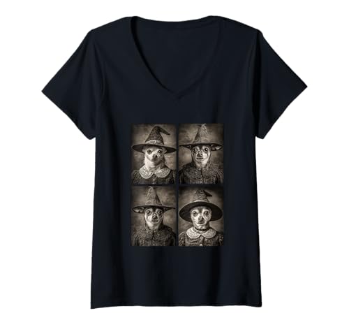 Damen Vintage Hexe Chihuahuas Lustige Halloween Tiere Hund Hexen T-Shirt mit V-Ausschnitt von Victorian Gothic Halloween Animals Witches