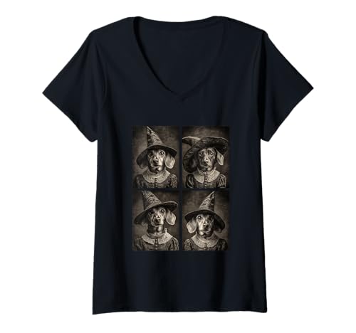 Damen Vintage Hexe Dackel Lustige Halloween Tiere Hund Hexen T-Shirt mit V-Ausschnitt von Victorian Gothic Halloween Animals Witches