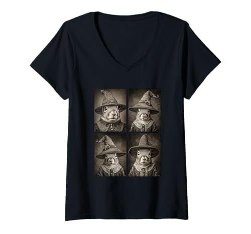 Damen Vintage Hexe Eichhörnchen Halloween Waldtiere Hexen Gothic T-Shirt mit V-Ausschnitt von Victorian Gothic Halloween Animals Witches