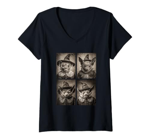 Damen Vintage Hexe Fledermäuse Lustige Halloween Gothic Tiere Hexen T-Shirt mit V-Ausschnitt von Victorian Gothic Halloween Animals Witches