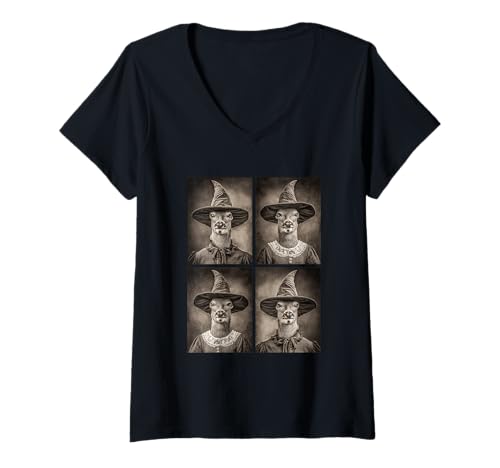 Damen Vintage Hexe Hirsche Lustige Halloween Waldtiere Hexen T-Shirt mit V-Ausschnitt von Victorian Gothic Halloween Animals Witches