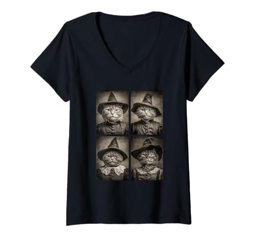 Damen Vintage Hexe Katzen Lustige Halloween Katze Tiere Hexen T-Shirt mit V-Ausschnitt von Victorian Gothic Halloween Animals Witches
