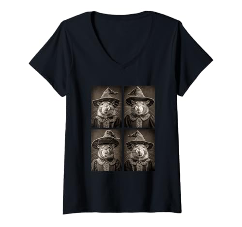Damen Vintage Hexe Ratten Lustige Halloween Waldtiere Hexen T-Shirt mit V-Ausschnitt von Victorian Gothic Halloween Animals Witches