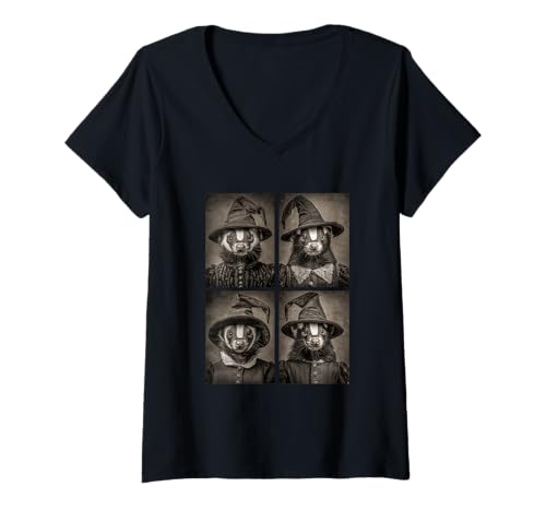 Damen Vintage Hexe Stinktiere Lustige Halloween Waldtiere Hexen T-Shirt mit V-Ausschnitt von Victorian Gothic Halloween Animals Witches