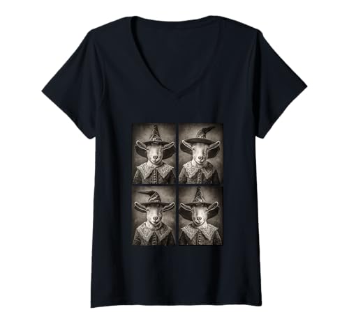 Damen Vintage Hexe Ziegen Lustige Halloween Bauernhof Tiere Hexen T-Shirt mit V-Ausschnitt von Victorian Gothic Halloween Animals Witches