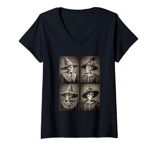 Damen Vintage Hexe Skelette Lustig Halloween Gothic Hexen Goth T-Shirt mit V-Ausschnitt von Victorian Gothic Halloween Witches