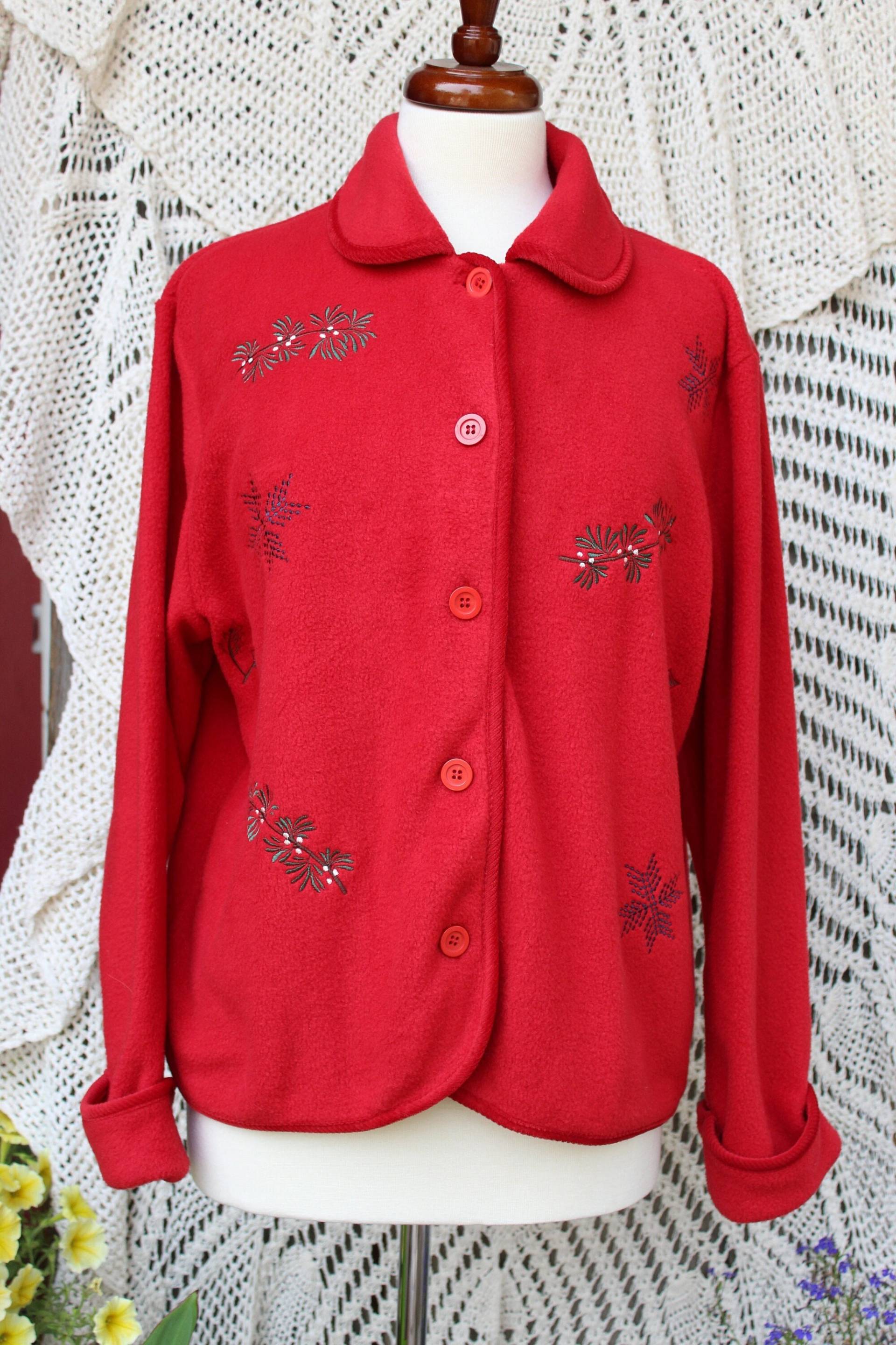 Damen Bestickt Warm Hell Rot Fleece Button Down Cardigan/Pullover Jacke - Größe M Damen Bestickt Warm Hell Rot Fleece Button Down Cardigan/Pullover Jacke - Größe M von VictorianChics