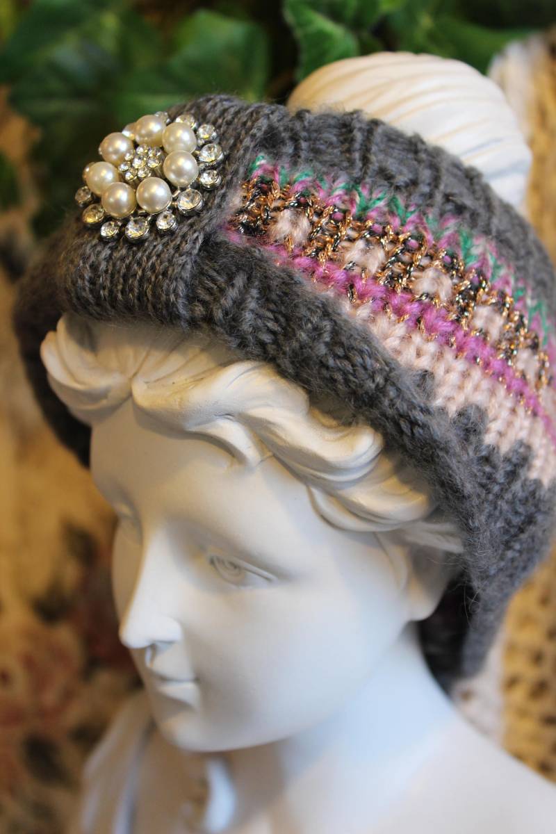 Damen Leise Extravaganten Grau/Bunt Gestricktes Stirnband - Einheitsgröße von VictorianChics