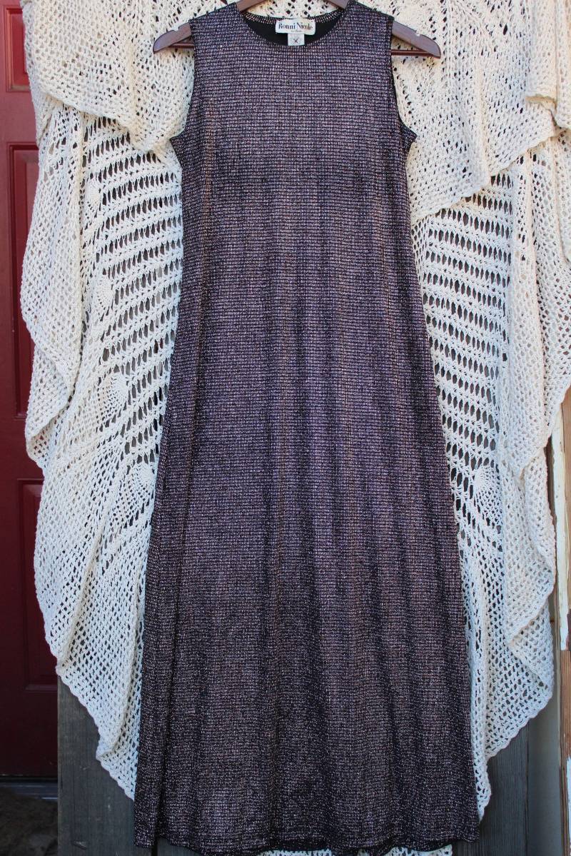 Damen Vintage Glitzer-Schwarz Mit Metallic Funkelt Ärmellose Knöchel Länge Partykleid Von Ronnie Nicole Ouida - Größe 6 von VictorianChics