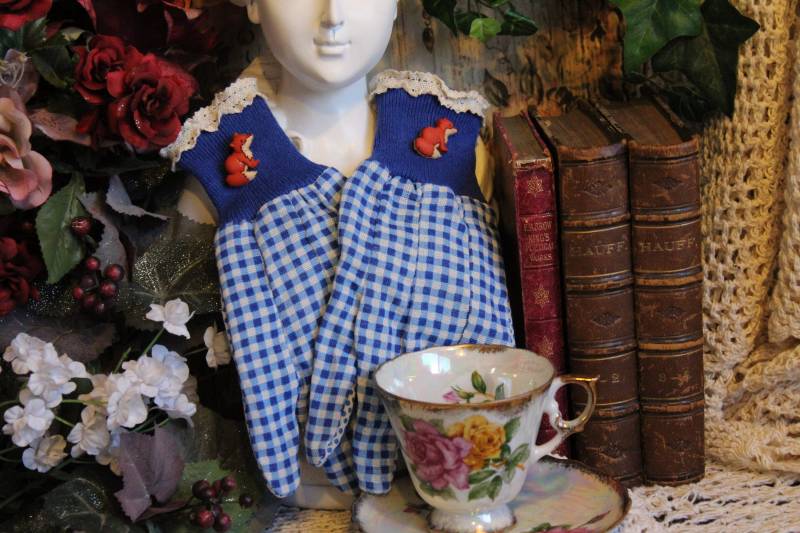 Foxy Lady Blau/Weiß Karierte Tuch Garten Handschuhe - Einheitsgröße von VictorianChics