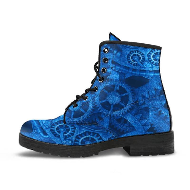 steampunk Uhrwerk Zahnräder Hellblaue Schnür-Kampfstiefel - Gothic Boots Electric Blue | Jpregdaveb von VictorianandSteampnk