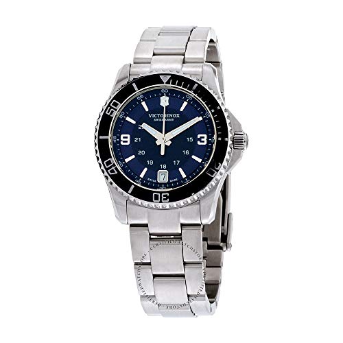 Victorinox Damen-Uhr Maverick Small, Damen-Armbanduhr, analog, Quarz, Wasserdicht bis 100 m, Gehäuse-Ø 34 mm, Armband 18 mm, 116 g, Silber/Blau von Victorinox