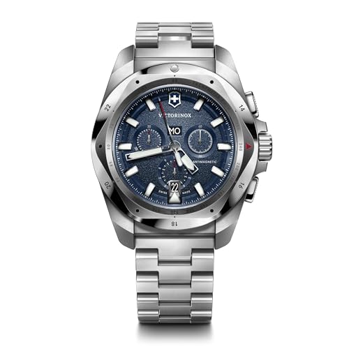 Victorinox Herren-Uhr I.N.O.X. Chrono, Herren-Armbanduhr, analog, Quarz, Wasserdicht bis 200 m, Gehäuse-Ø 43 mm, Armband 21 mm, 220 g, Silber/Blau von Victorinox