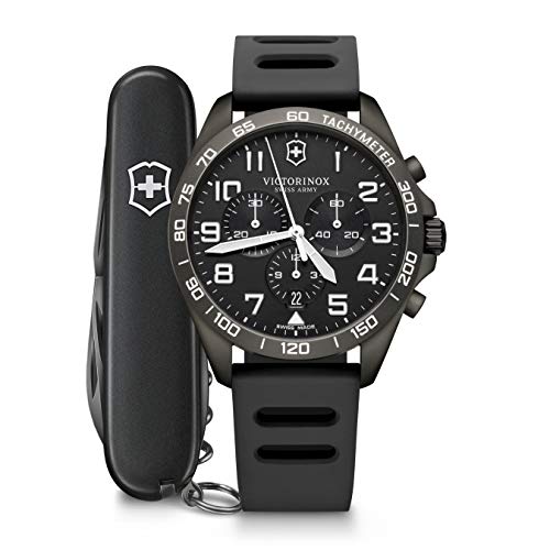 Victorinox Herren-Uhr FieldForce Sport Chrono mit Spartan PS Messer, analog, Quarz, Wasserdicht bis 100 m, Gehäuse-Ø 42 mm, Armband 21 mm, 95 g, Schwarz von Victorinox