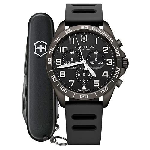 Victorinox Herren-Uhr FieldForce Sport Chrono mit Spartan PS Messer, analog, Quarz, Wasserdicht bis 100 m, Gehäuse-Ø 42 mm, Armband 21 mm, 95 g, Schwarz von Victorinox
