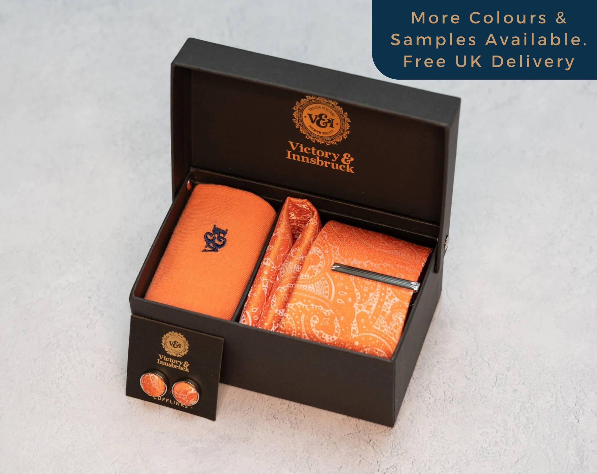 Orange Krawatte Set/Krawatte, Einstecktuch, Socken, Krawattenklammer, Manschettenknöpfe, Anstecknadel Geschenk Für Ihn Hochzeitskrawatte von VictoryAndInnsbruck