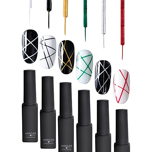 6x Gel Nail Liner Polish Pen UV LED Malerei Gelpoliermittel Set für 3D Nail Art DIY Nageldesign Pull Line Pen Nagelzeichnung, Nagellack für Salon, Schwarz/Weiß/Rot/Grün/Gold/Silber von VidaRosa