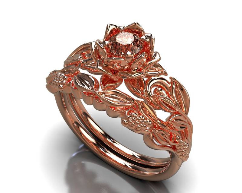 Blumen Verlobungsring Set, Rosegold Morganit Ring Rosegold, Einzigartiger Verlobungsring, Blatt Blätter Braut Set von VidarBoutique
