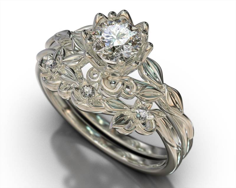 Einzigartige Blume Diamant Weißgold Ring/Blatt Braut Set Band Schmuck Floral Verlobungsring Einzigartige Blume Diamant Weißgold Ring/Blatt Braut Set Band Schmuck Floral Verlobungsring von VidarBoutique