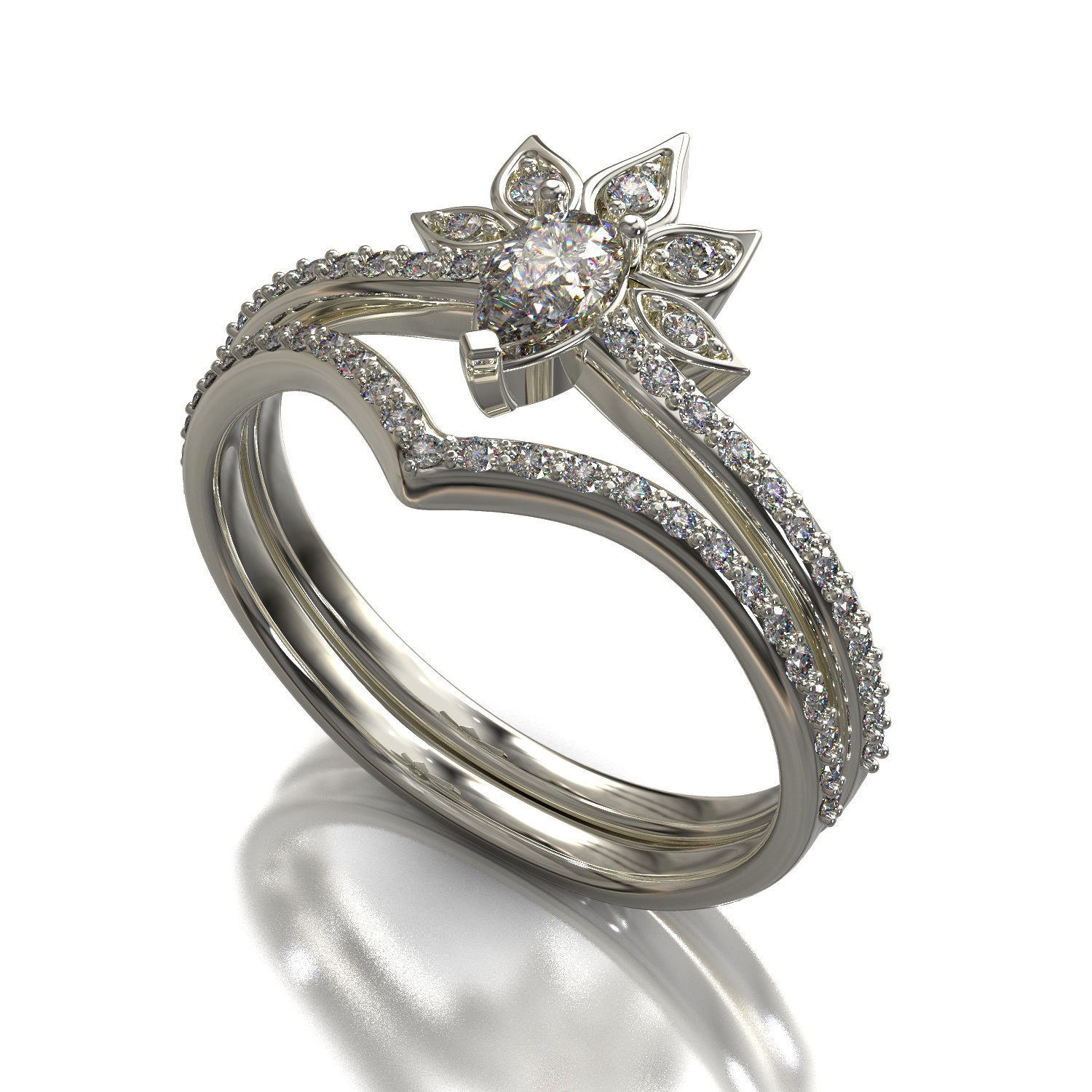 Einzigartiger Verlobungsring, Art Deco Ring, Diamantring in Birnenform, Verlobungsring Set, Diamantring, Chevron von VidarBoutique