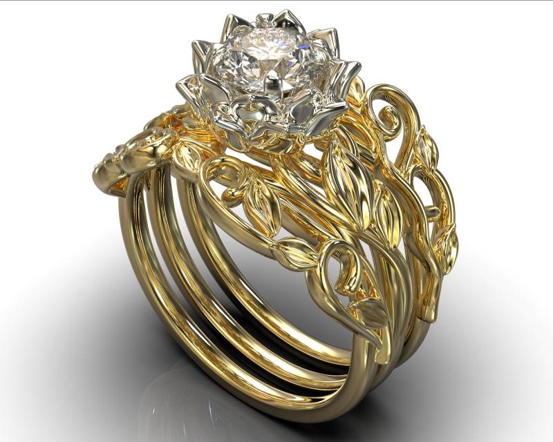 Einzigartiger Verlobungsring, Blatt Ring Set, Blätter Weißer Saphir Ring, Zweifarbiger Goldring, Gold Einzigartiger Verlobungsring, Blatt Ring Set, Blätter Weißer Saphir Ring, Zweifarbiger Goldring, Gold von VidarBoutique