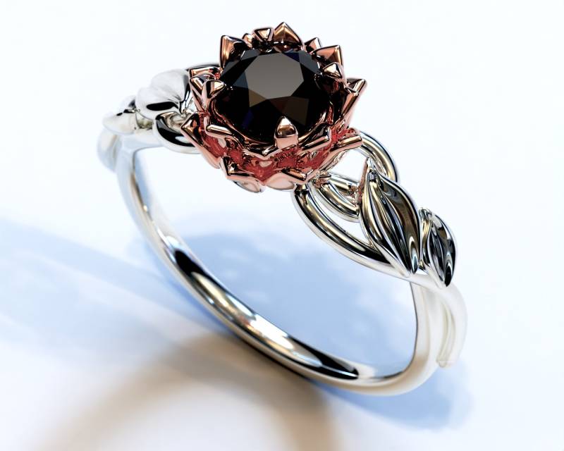 Gothic Verlobungsring, Schwarzer Diamantring, Diamant-Rosengoldring, Solitärring, Blatt-Verlobungsring von VidarBoutique