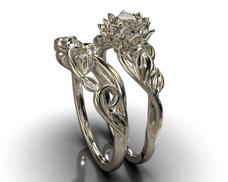 Natur Ehering Set, Zweig Hochzeitsring Frauen, Einzigartige Blatt Brautring Set von VidarBoutique