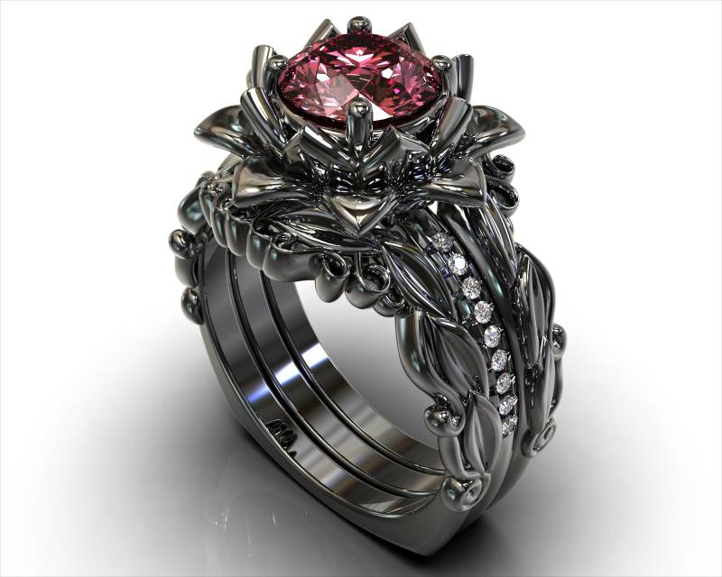 Rosa Moissanit Verlobungsringe, Ehering Set, Ring Schwarz Gold Ringe, Einzigartiger Verlobungsring, Dreifachring Set Rosa Moissanit Verlobungsringe, Ehering Set, Ring Schwarz Gold Ringe, Einzigartiger Verlobungsring, Dreifachring Set von VidarBoutique