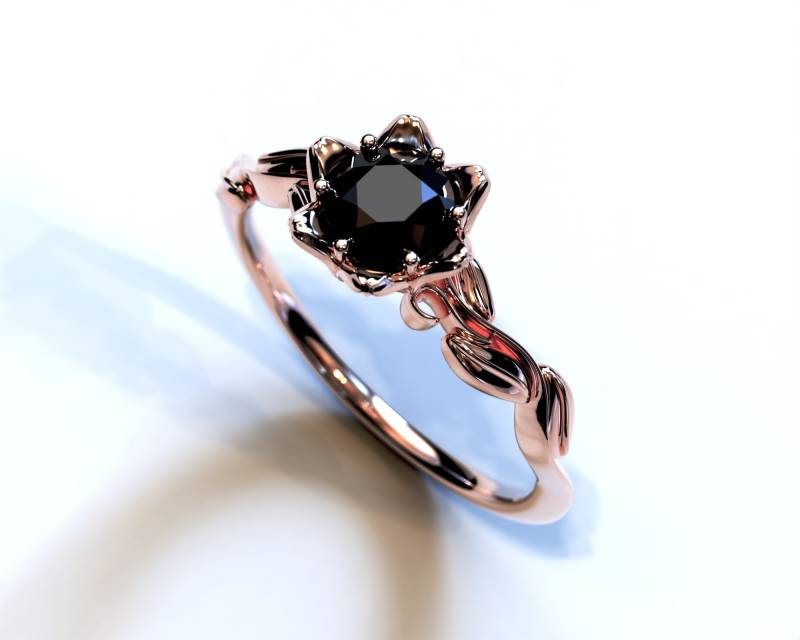 Rose Gold Blumen Ring/Einzigartiger Verlobungsring Natur Inspirierter Mit Schwarzem Diamant Blatt Rose Gold Blumen Ring/Einzigartiger Verlobungsring Natur Inspirierter Mit Schwarzem Diamant Blatt von VidarBoutique