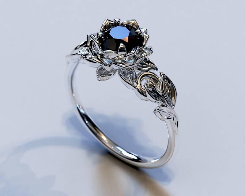 Schwarzer Diamant Ring, Schwarzer Verlobungsring, Gothic Blumen Einzigartige Lotus Blatt Floral Ring Schwarzer Diamant Ring, Schwarzer Verlobungsring, Gothic Blumen Einzigartige Lotus Blatt Floral Ring von VidarBoutique
