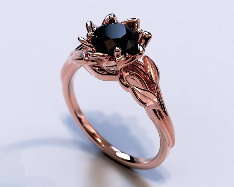 Schwarzer Diamant Rosegold Ring, Solitär Rosegoldring, Lotus Ring Schwarzer Diamant Rosegold Ring, Solitär Rosegoldring, Lotus Ring von VidarBoutique