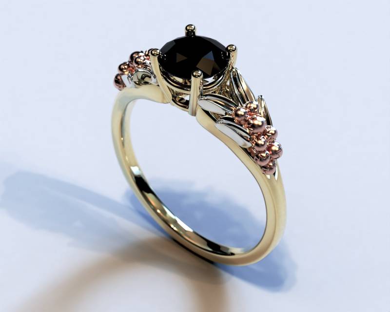 Schwarzer Diamant Verlobungsring/Dreifarbiger Floraler Natur Inspirierter Einzigartiger Ring Schwarzer Diamant Verlobungsring/Dreifarbiger Floraler Natur Inspirierter Einzigartiger Ring von VidarBoutique