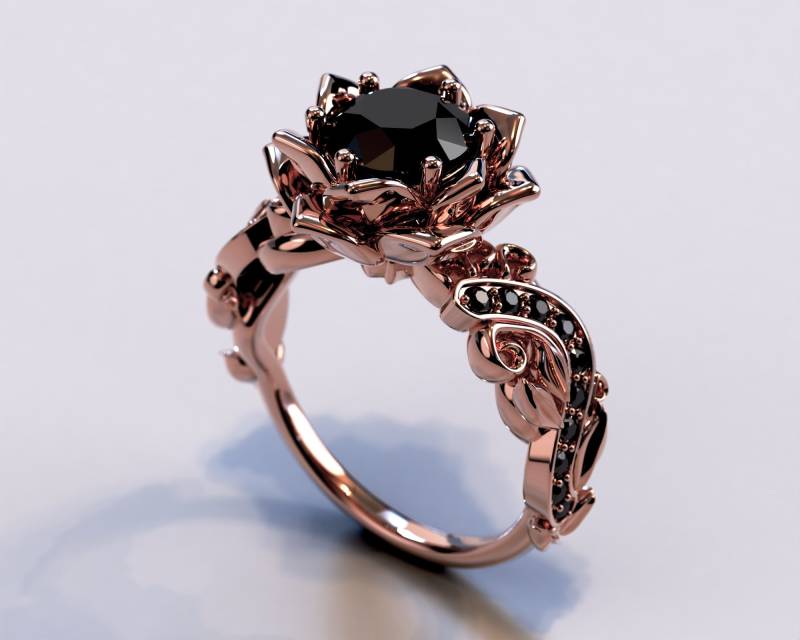 Schwarzer Diamant Verlobungsring/Roségold Ring Natur Inspirierter Blume Lotus Zweig Blatt Schwarzer Diamant Verlobungsring/Roségold Ring Natur Inspirierter Blume Lotus Zweig Blatt von VidarBoutique