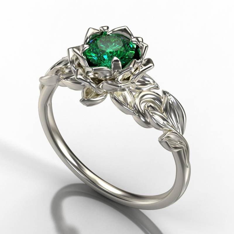 Smaragd Verlobungsring, Smaragdring, Florale Einzigartiger Blattring, Lotus Ring, Grüner Smaragdring von VidarBoutique