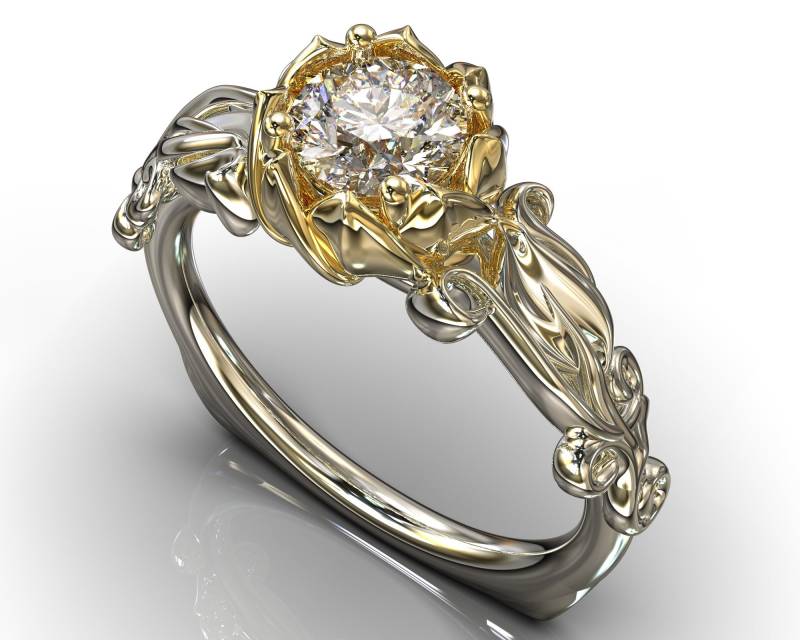 Weißer Saphir Verlobungsring/Zweifarbiger Gold Natur Inspirierter Ring Floraler Lotus Weißer Saphir Verlobungsring/Zweifarbiger Gold Natur Inspirierter Ring Floraler Lotus von VidarBoutique