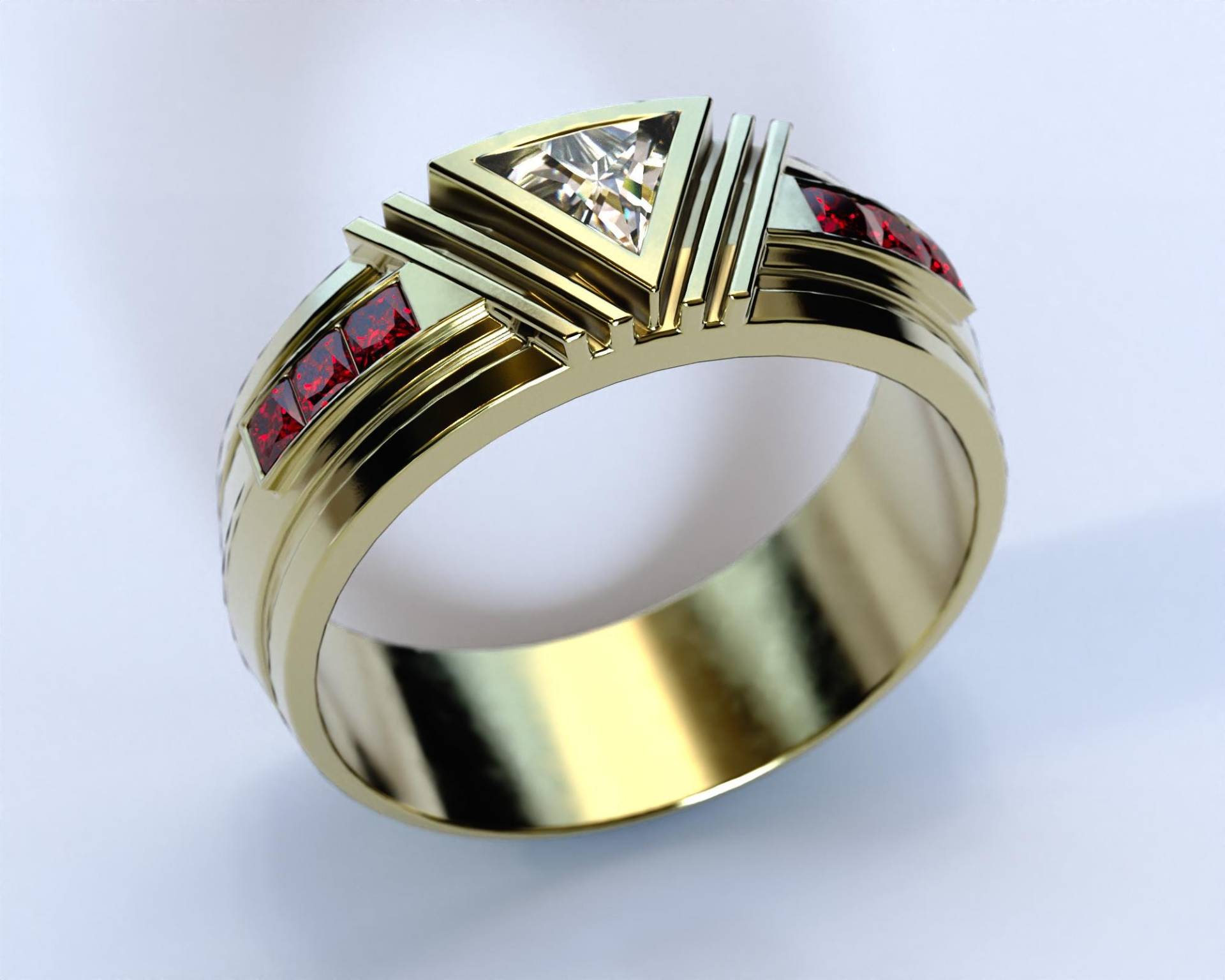 Dreieckiger Rubin Und Moissanit Ring/Dreieck Edelstein Band Herren Einzigartiger Gold Ehering Für Männer Unikat Herrenring von Vidarjewelry