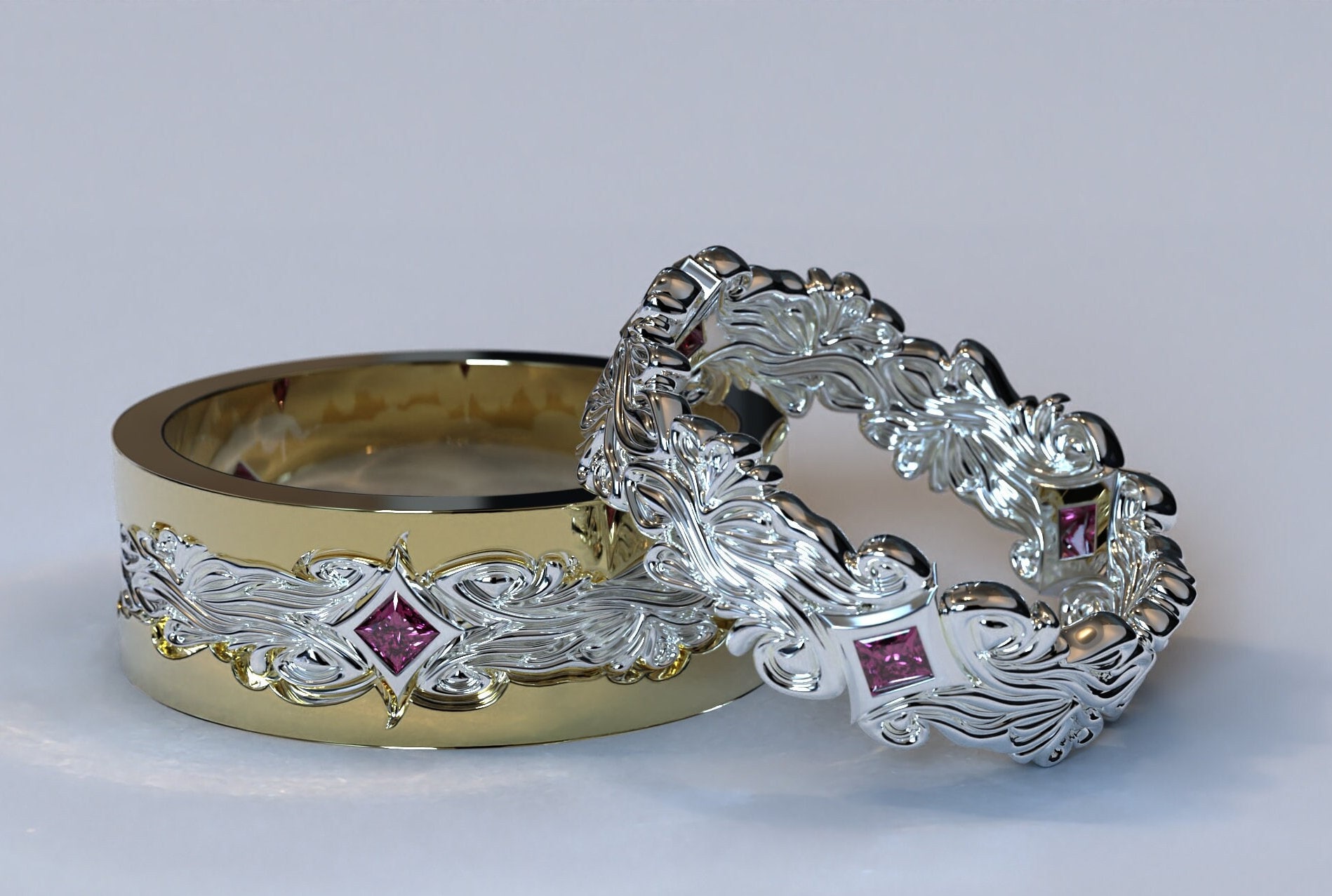 Ehering Für Sie Und Ihn Mit Rubin/Vintage Eheringe Gold Verlobungsring von Vidarjewelry