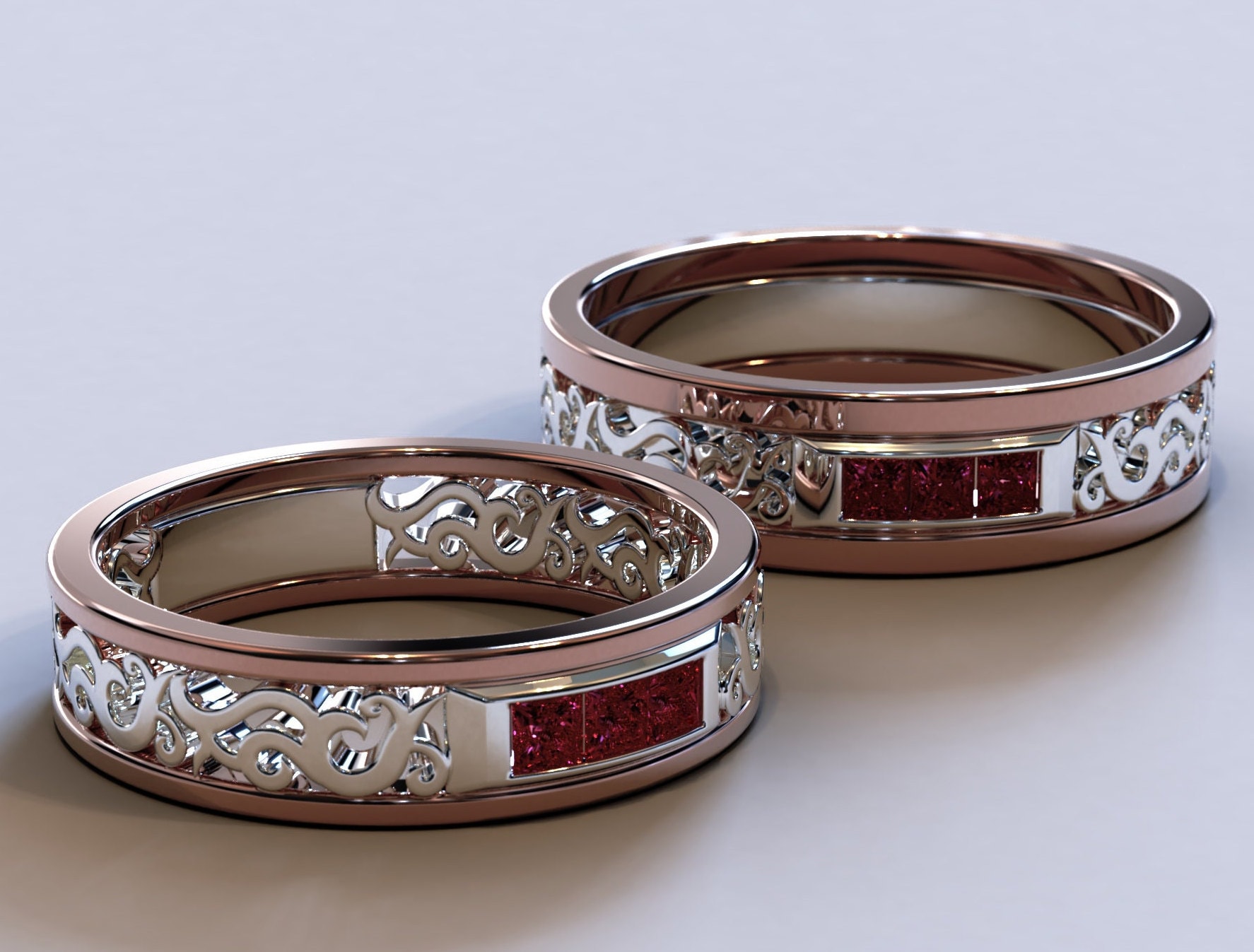 Einzigartige Eheringe/14K Rose Gold Ring Rubin Zarter Schmuck Bräutigam Ringe Für Sie Und Ihn von Vidarjewelry