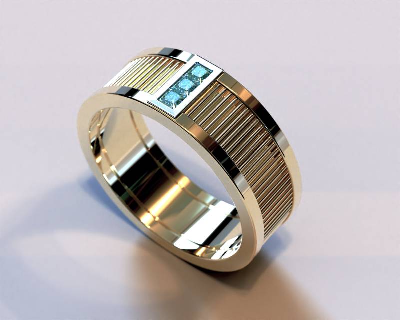 Herren Gold Ehering/Aquamarin Strukturierte Vertikale Stein Band Drei-Stein-Ring Aqua Ring von Vidarjewelry