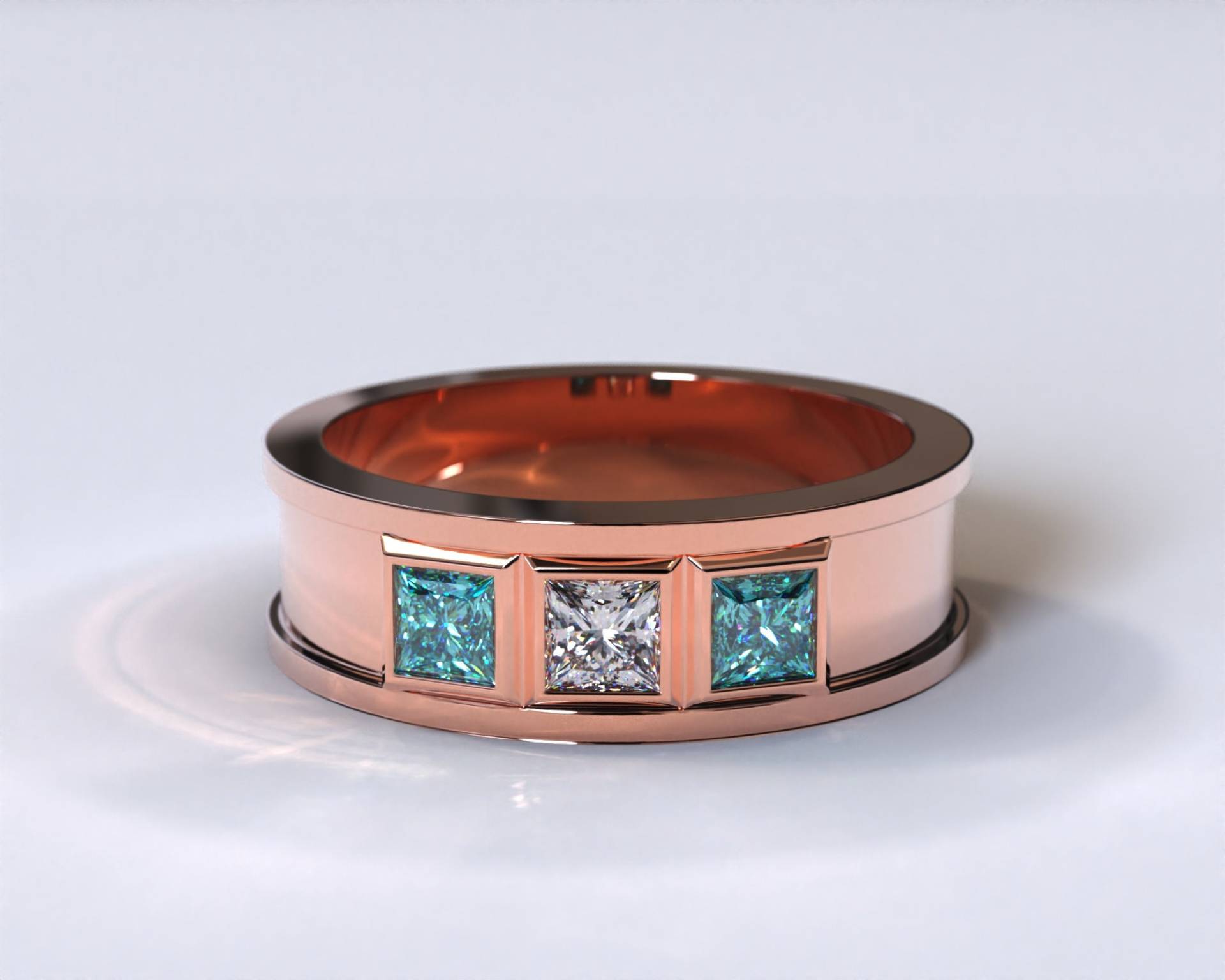 Herren Rose Gold Ehering/Drei Stein Ring Aquamarin Diamant Unikat von Vidarjewelry