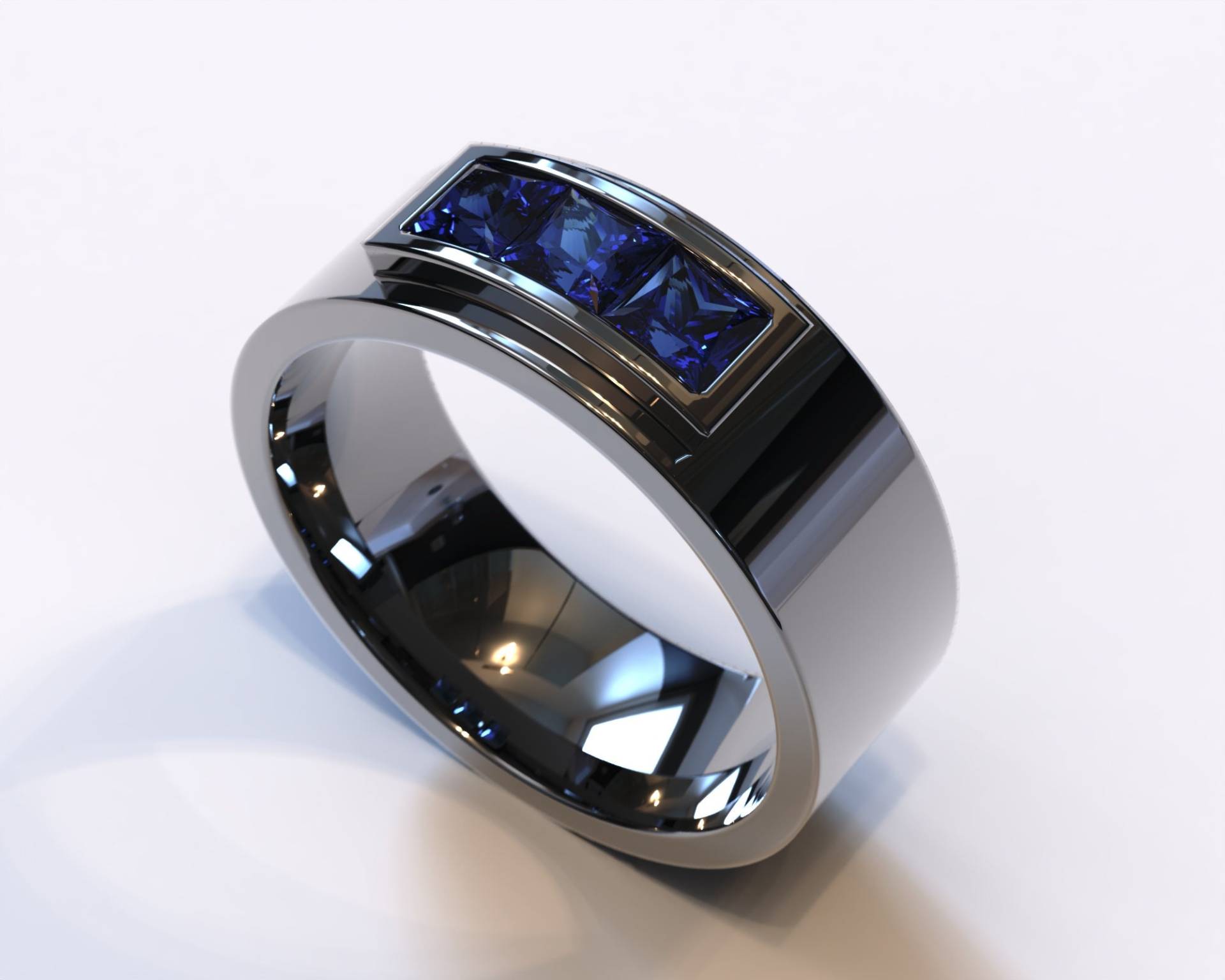 Saphir-Schwarz-Gold-Herrenring/Blauer Saphir Herrenring Schwarz Gold Schwarzer Ehering von Vidarjewelry