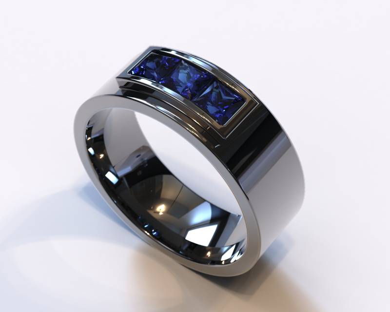 Saphir-Schwarz-Gold-Herrenring/Blauer Saphir Herrenring Schwarz Gold Schwarzer Ehering von Vidarjewelry