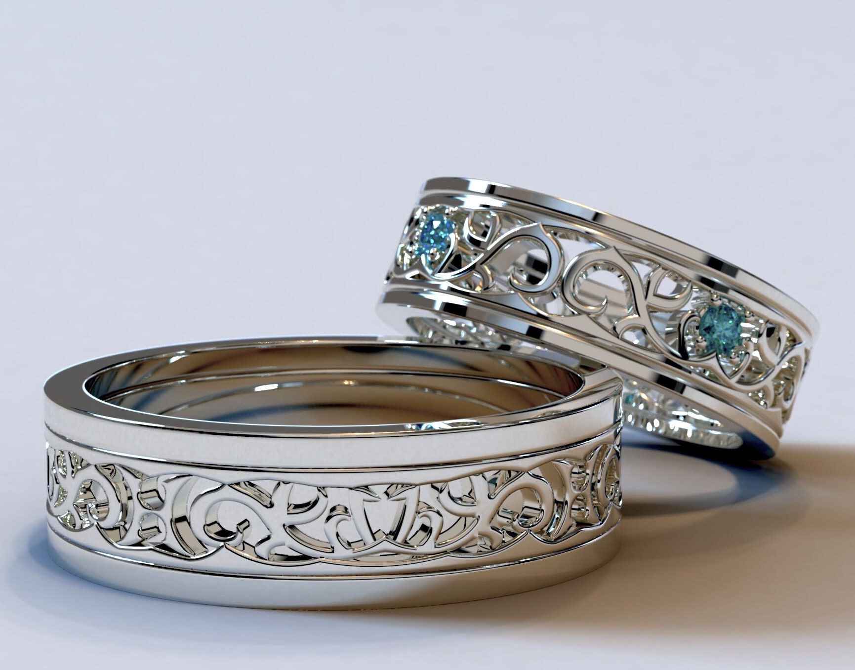 Seine Und Sie Eheringe Mit Blauen Diamanten/Weißgold Ehering Paare Versprechen Ringe von Vidarjewelry