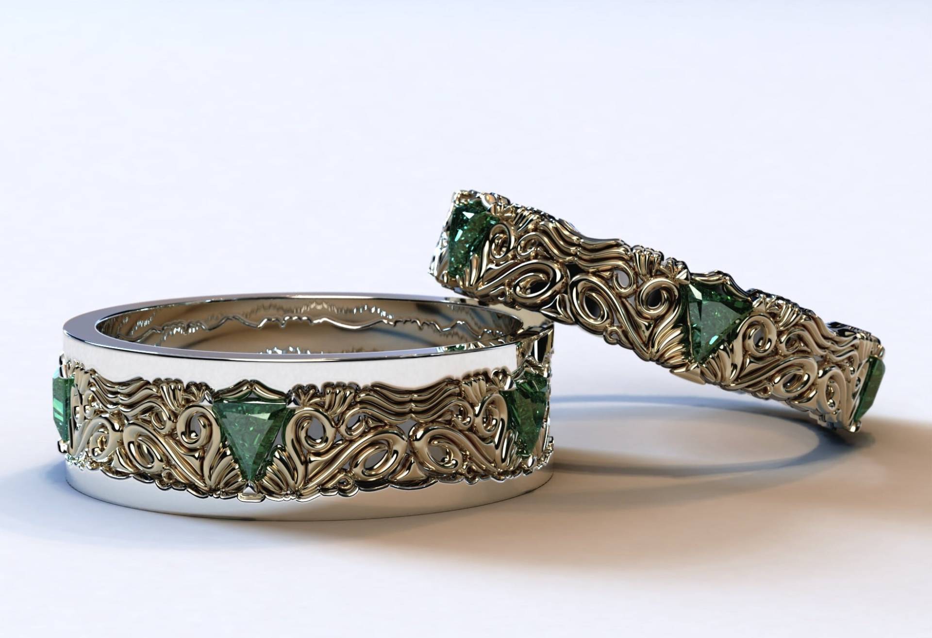 Smaragd Gold Passende Eheringe/Verlobungsring Paar Einzigartige Trauringe Paarringe Benutzerdefinierte Ringe von Vidarjewelry