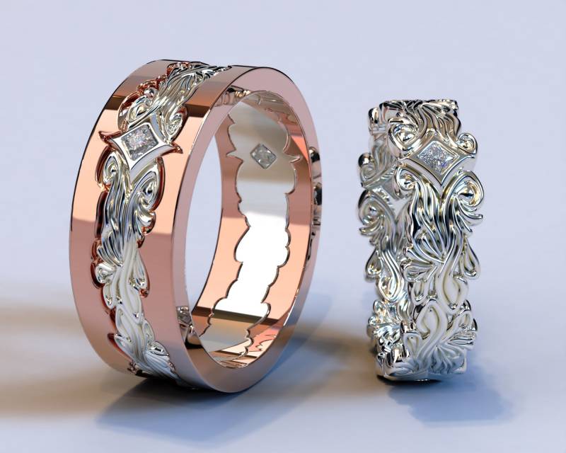 Zweifarbige Eheringe Für Sie Und Ihn/Diamant-Verlobungsring-Set Zweifarbiger Ehering Set Paarringe von Vidarjewelry