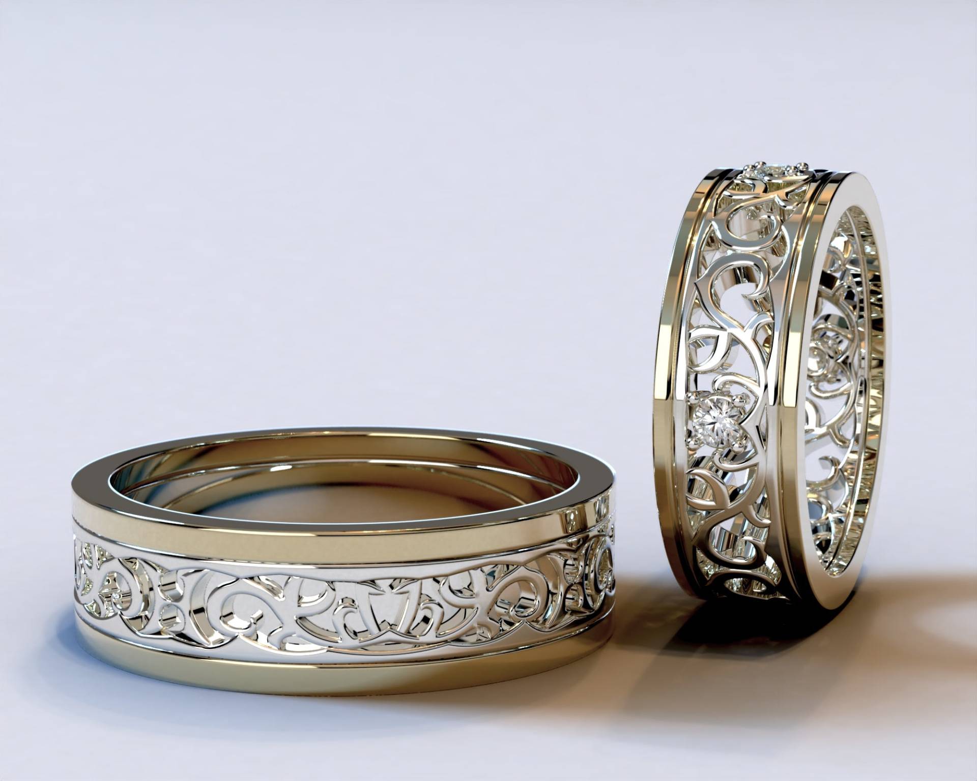 Zweifarbiger Ehering/Herrenring Diamant Set Feiner Schmuck Handwerker Einzigartiges Ehering-Set von Vidarjewelry