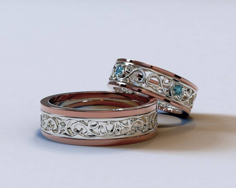Zweifarbiges Ehering Set/Diamant Schmuck Verlobungsring Rosegold Feiner Blauer von Vidarjewelry