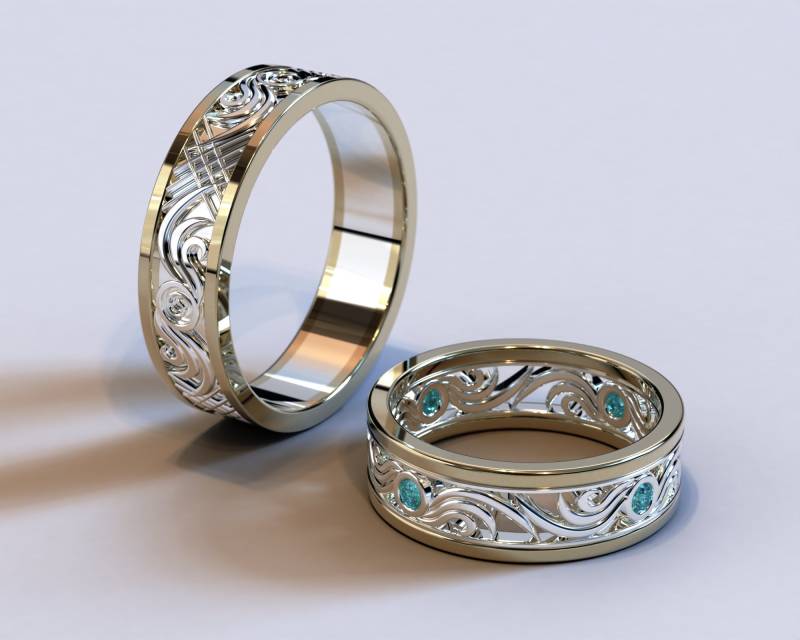 Zweifarbiges Ehering Set/Diamant Schmuck Verlobungsring Weißgold Blauer von Vidarjewelry