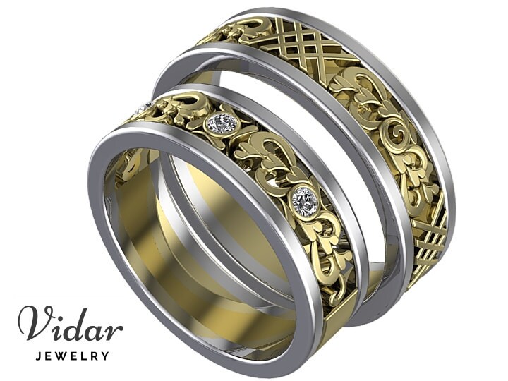 Zweifarbiges Ehering Set Für Sie Und Ihn Mit Diamanten/Handgemachter Schmuck Versprechen Ringe Filigranring von Vidarjewelry