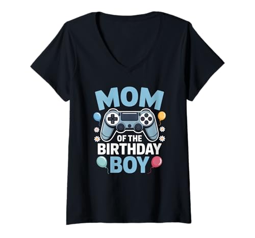 Damen Mom Gamer Spielethemen zum Geburtstag der Familie T-Shirt mit V-Ausschnitt von Video Game Birthday Party